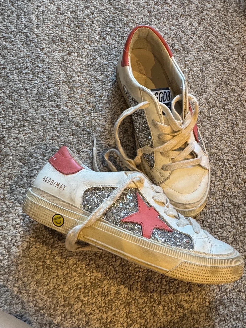 Golden Goose Kids White Sneakers with Pink Star and Silver Glitter
